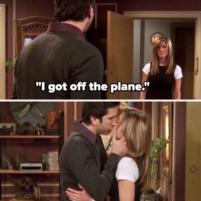 Rachel tells Ross she got off the plane, they kiss