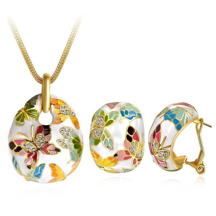 Enamel and gold-plated colourful pendant and earrings.