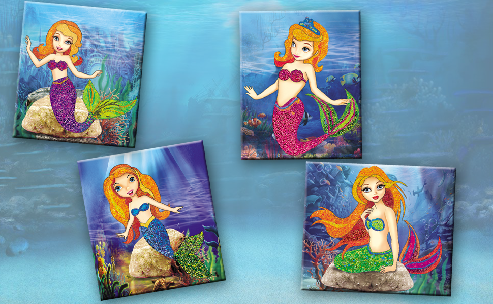 A set of 4 DIY mermaid sand &amp;amp; sequin artworks.