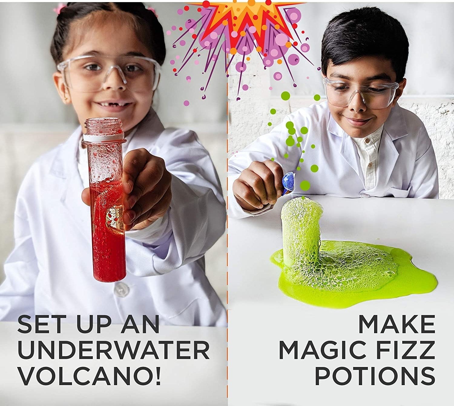 Two images showing a girl and a boy experimenting.
