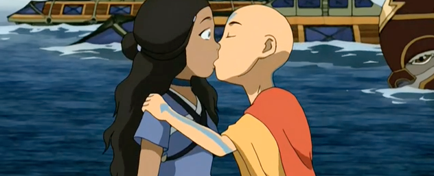 Aang kisses Katara, she widens her eyes in shock