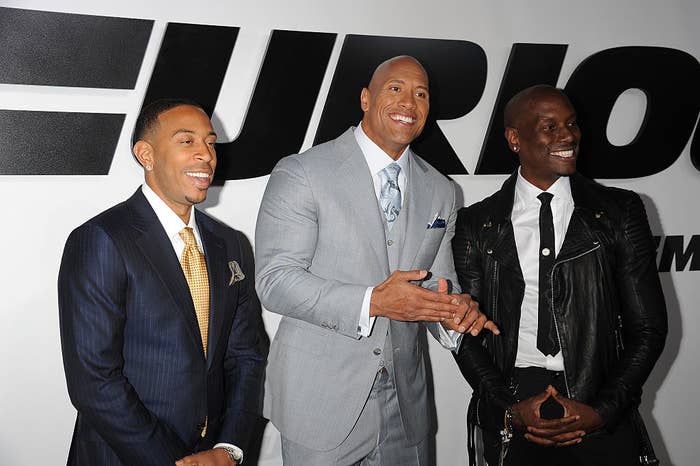 (L-R) Chris &#x27;Ludacris&#x27; Bridges, Dwayne Johnson and Tyrese Gibson arrive at the premiere of &quot;Furious 7&quot;