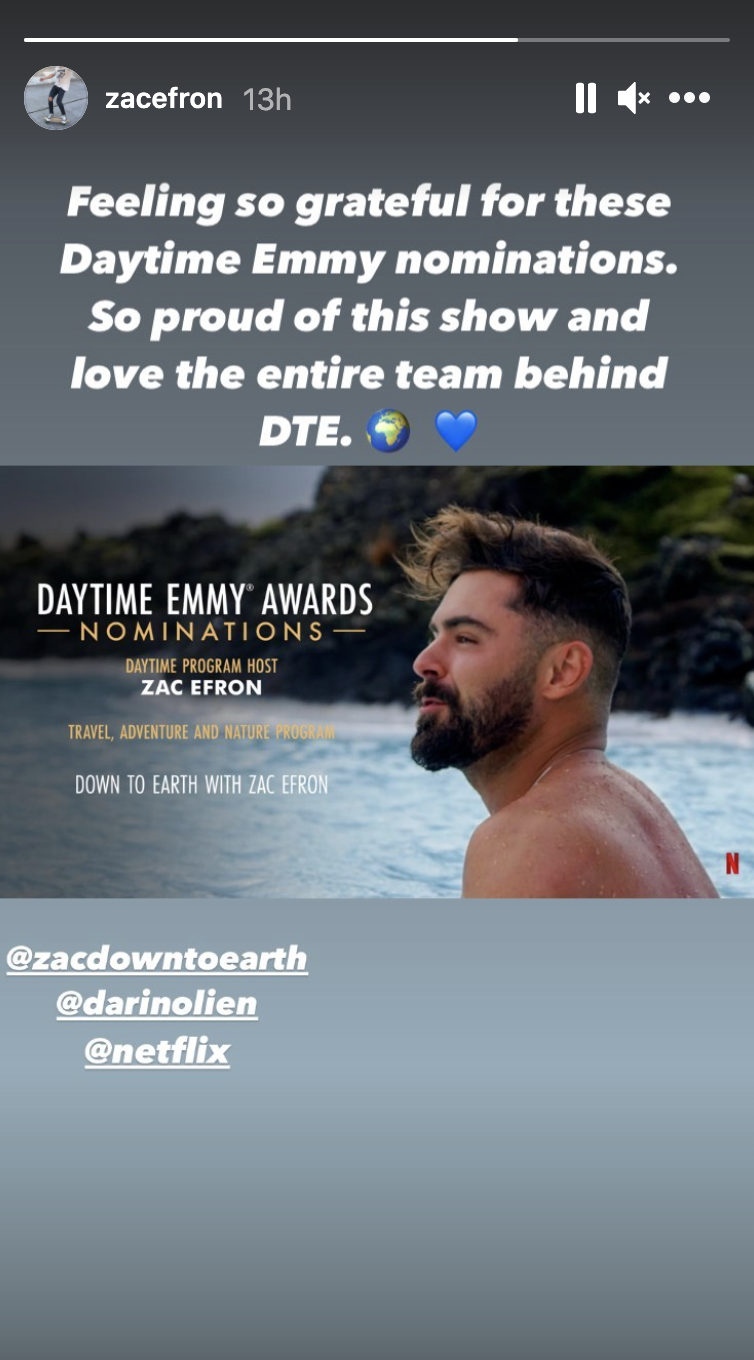 A screenshot of Zac Efron&#x27;s Emmy news, taken from Instagram