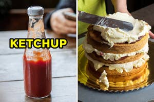 On the left, a bottle of ketchup on a table, and on the right, someone frosting a cake