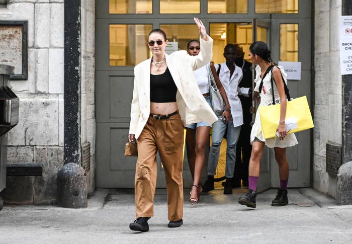 Gigi Hadid is pictured outside of the June 2021 Marc Jacobs show in New York City