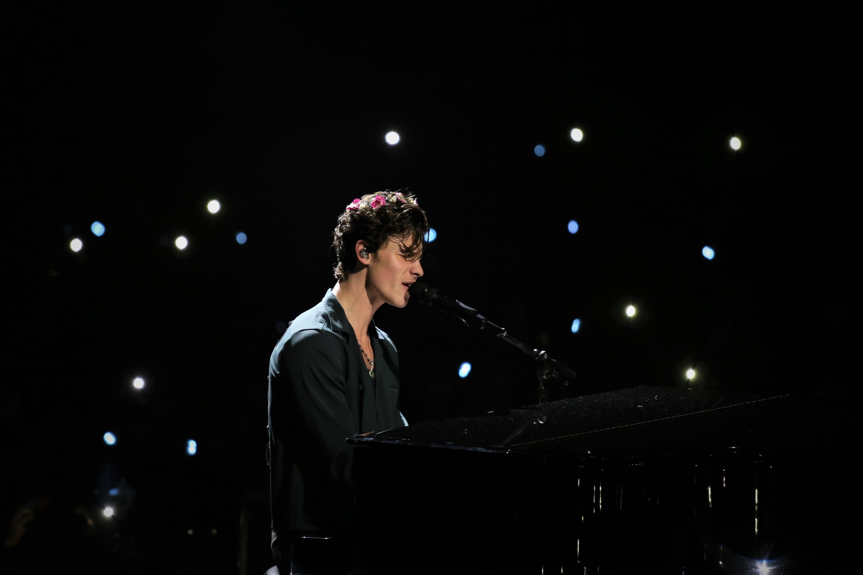 Shawn Mendes sings and plays his piano during a show at Arena Monterrey in Mexico