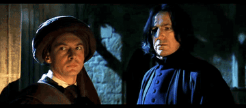 Quirrell and Snape squinting and looking off to the side