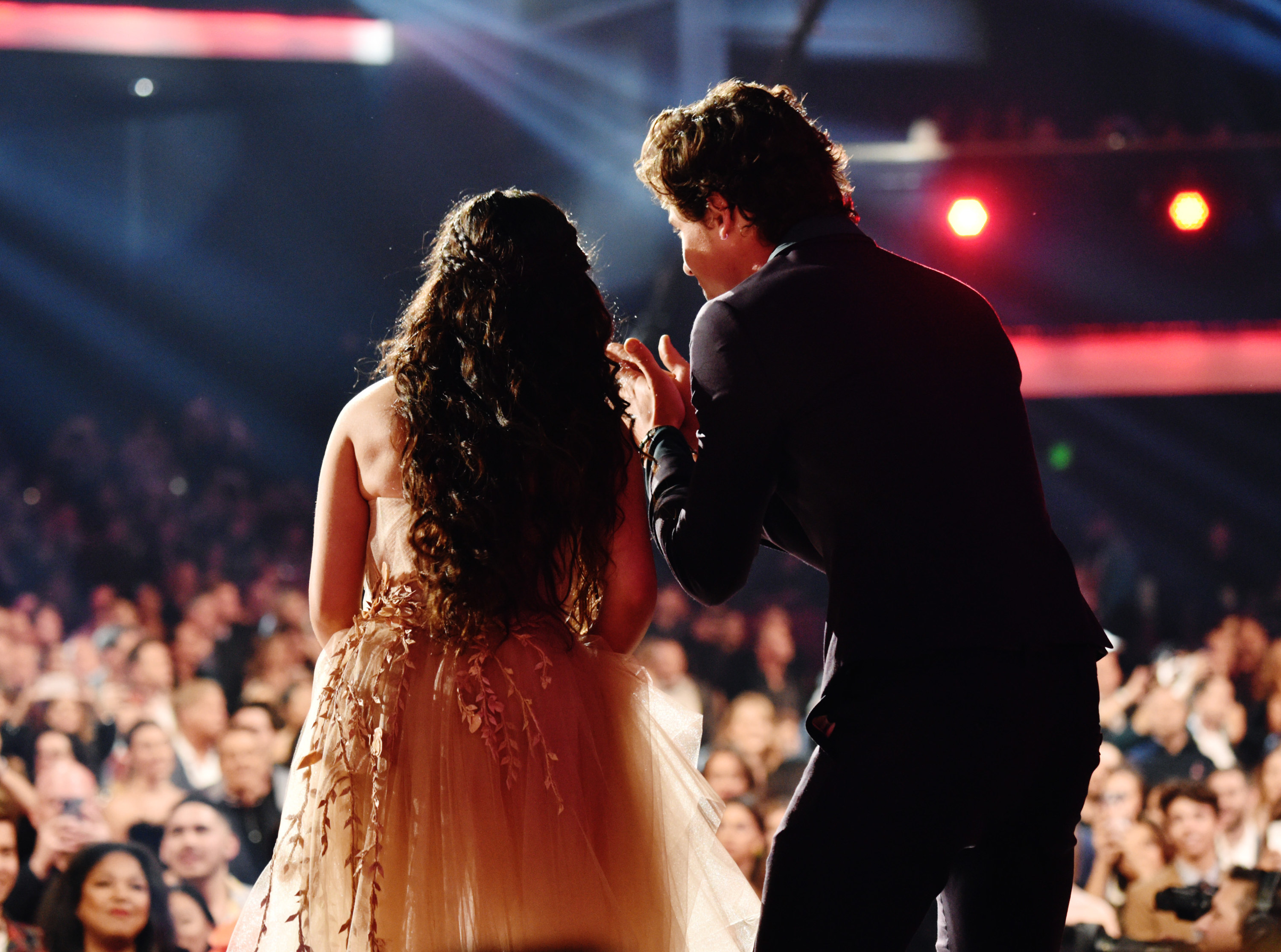 Camila Cabello and Shawn Mendes accept the Collaboration of the Year Award for &quot;Señorita&quot; during the 2019 American Music Awards at Microsoft Theater in Los Angeles