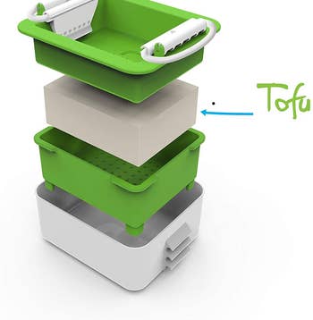 each part of the tofu press separated in a stack to show off each part 