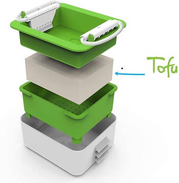 each part of the tofu press separated in a stack to show off each part 