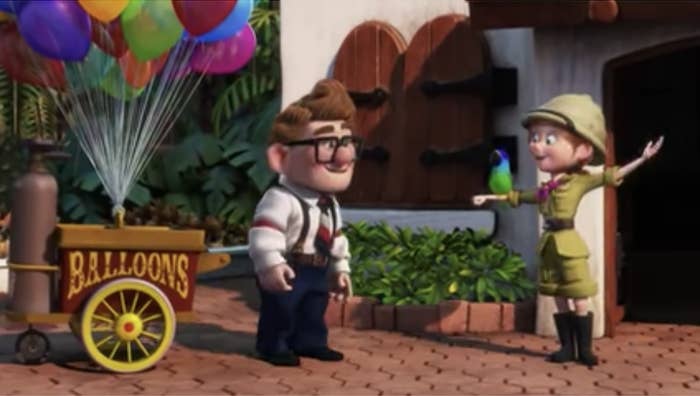 Ellie and Carl from Up, with Ellie as a zookeeper
