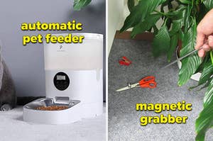 automatic pet feeder and magnetic grabbing tool