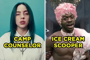 On the left, Billie Eilish in the "Bad Guy" music video labeled "camp counselor," and on the right, Lil Nas X in the "Montero" music video labeled "ice cream sccoper"