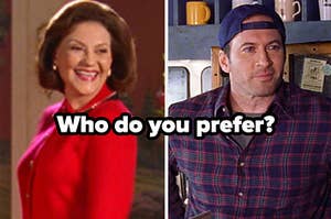 Emily Gilmore smiles brightly as she wears a red jacket and Luke Danes smiles softly while wearing a red and blue checkered flannel shirt and blue baseball cap.