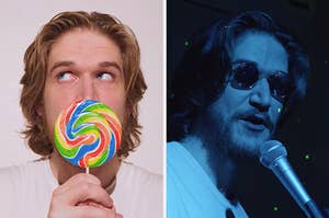 On the left, Bo Burnham licking a lollipop in "White Woman's Instagram," and on the right, Bo playing the piano and singing "Welcome to the Internet"