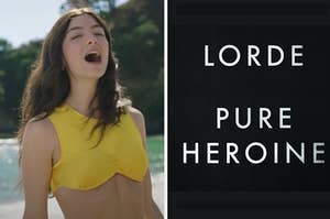 lorde in the solar power music video on the left and her album pure herione on the right