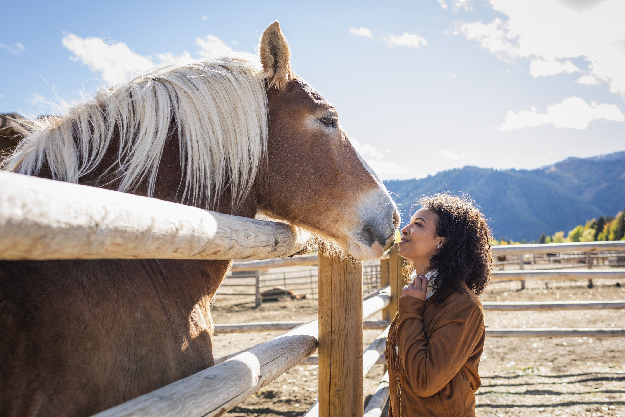A palomino horse leaning its head over a fence post close to a woman standing on the other side, mountains in the background