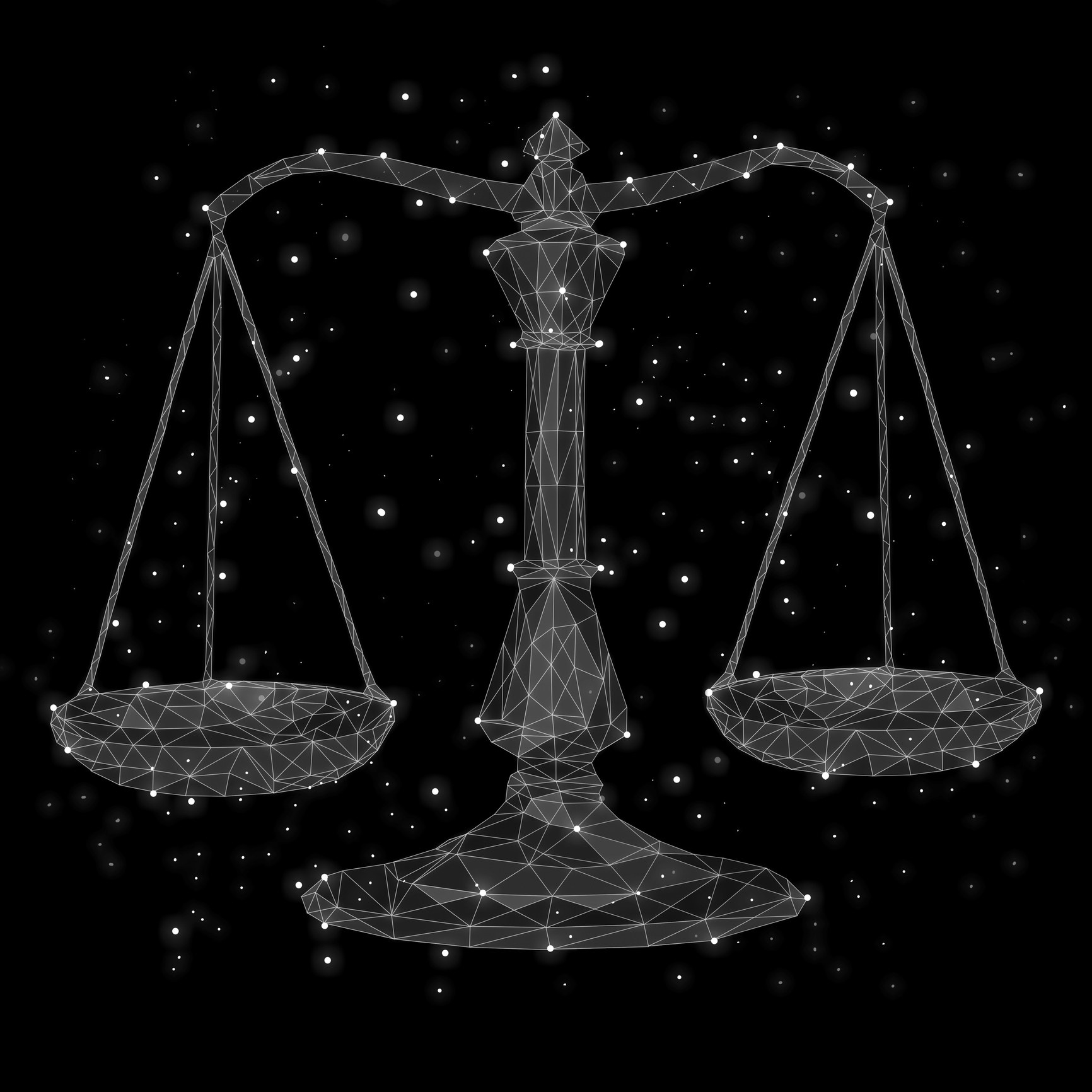 A vector drawing of the Libra scales of justice with stars dotted in the background