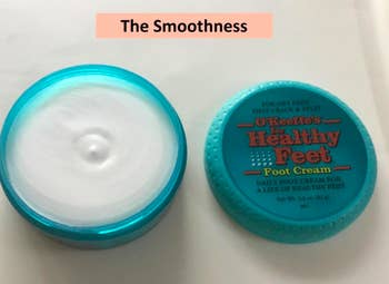 A customer review photo showing a close up of a jar of O'Keeffe's Healthy Feet Foot Cream