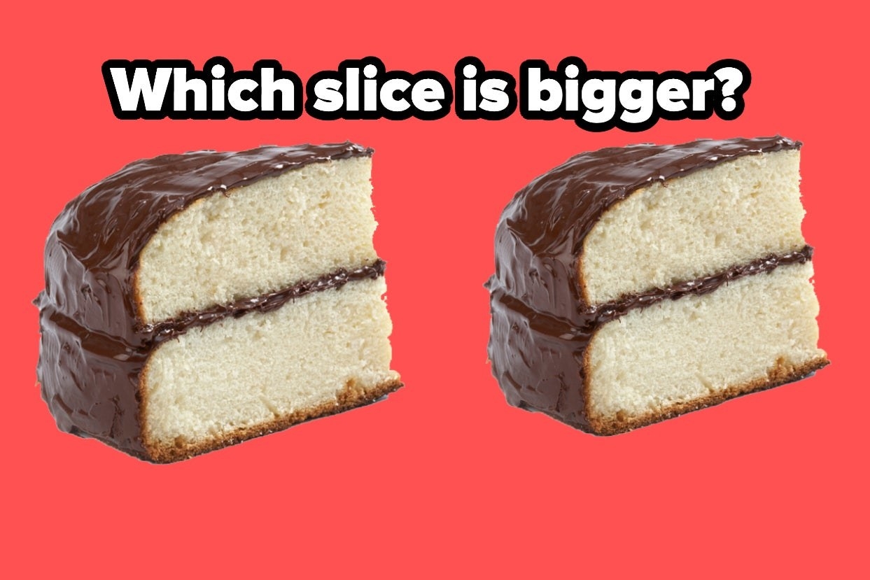 Two slices of cake with the words &quot;Which slice is bigger?&quot;