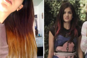 A poorly done ombré hair dye attempt next to Aria from "Pretty Little Liars" wearing a belt over a long top