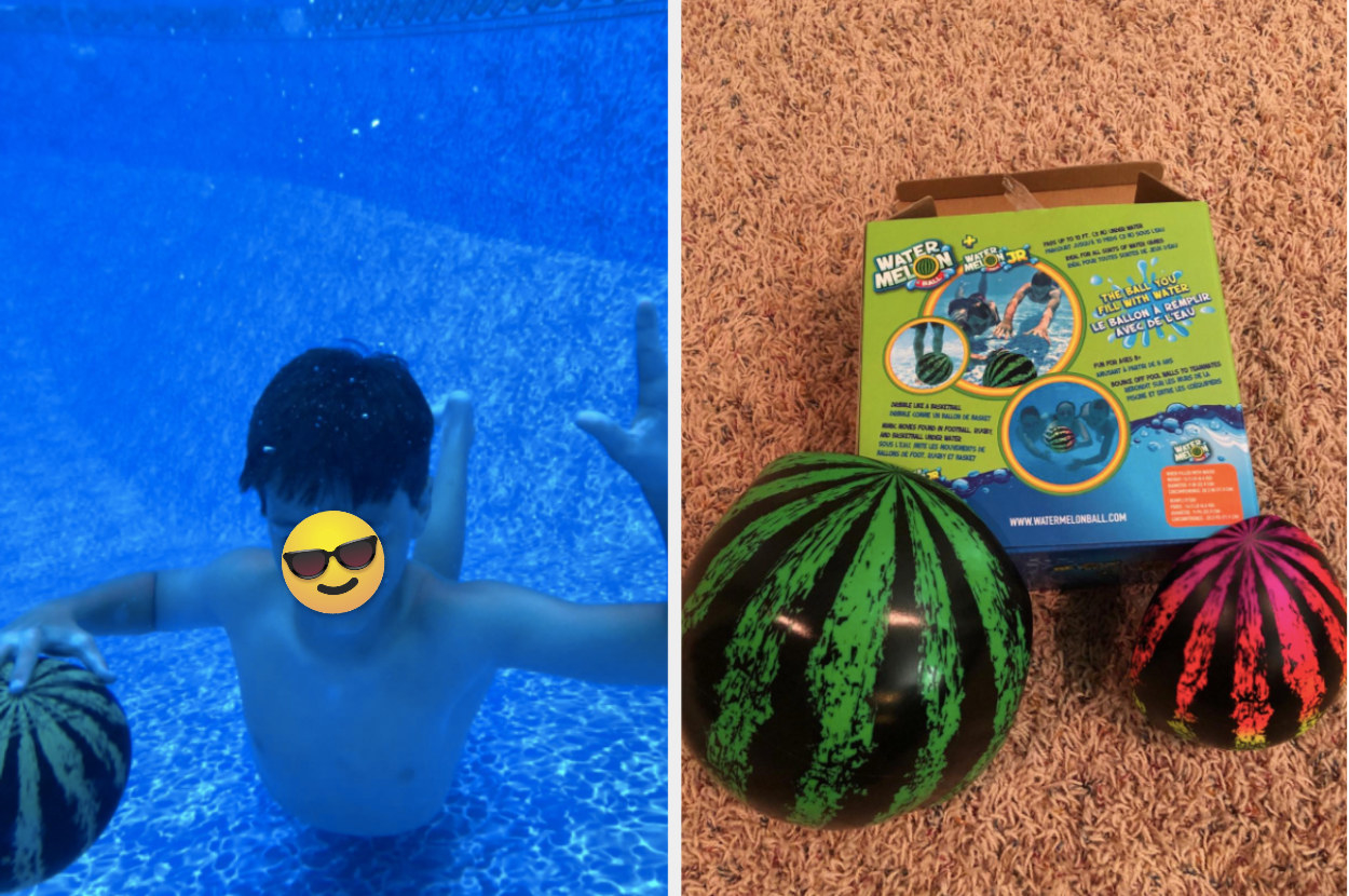 left side shows a kid underwater with their watermelon ball in a pool and the right is an image of a reviewer&#x27;s watermelon ball on their floor