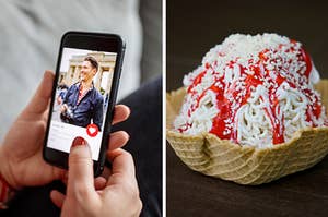 On the left, someone looking at a dating app on their phone, and on the right, a spaghetti ice cream sundae in a waffle cone bowl