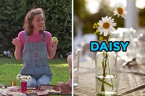 On the left, Miss Honey from "Matilda" sitting on a picnic blanket, and on the right, daisies in a glass