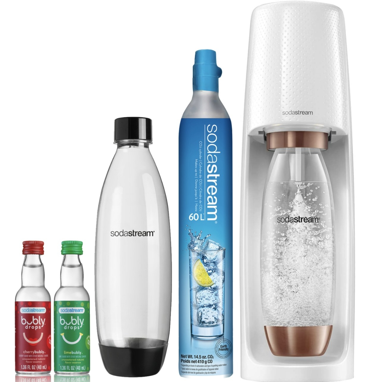 The sat has two bubly drops, two sodastream containers, the sodastream machine and a CO2 container
