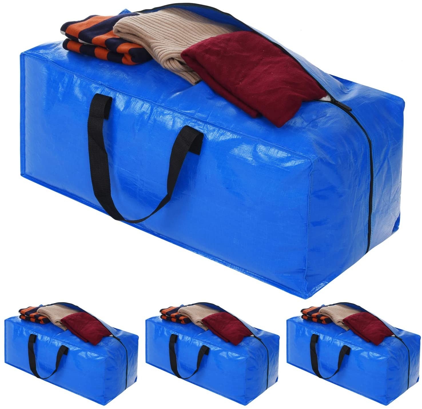 4 images of extra large blue plastic duffle bags with handles and with zipper open holding clothing items.