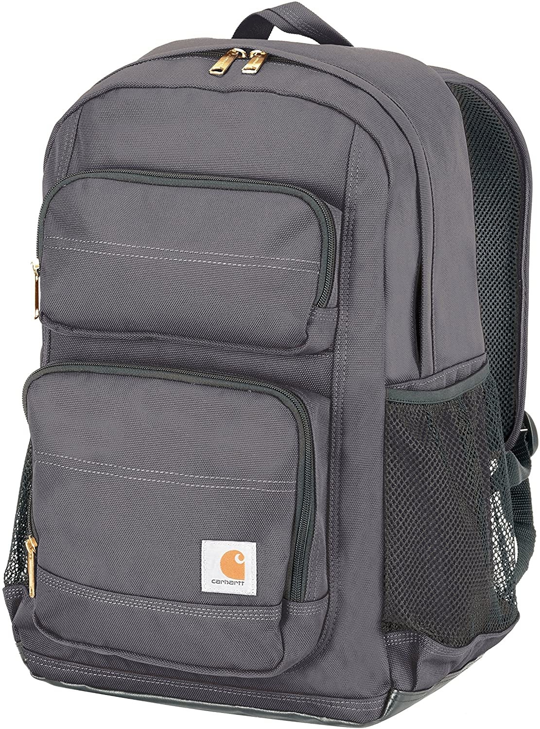 Gray Carhartt branded canvas backpack with several pockets.