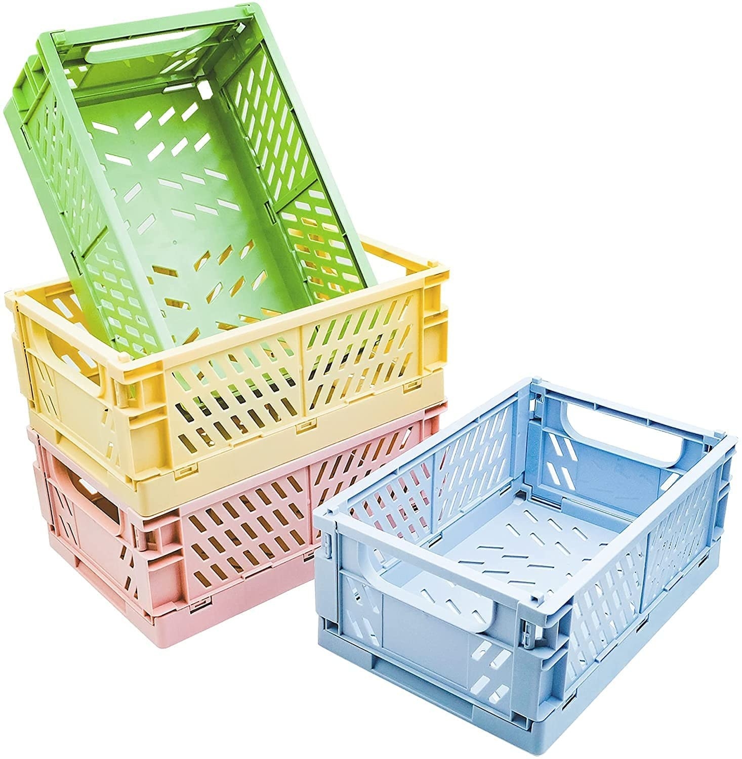 4 pastel-colored small plastic collapsible baskets.