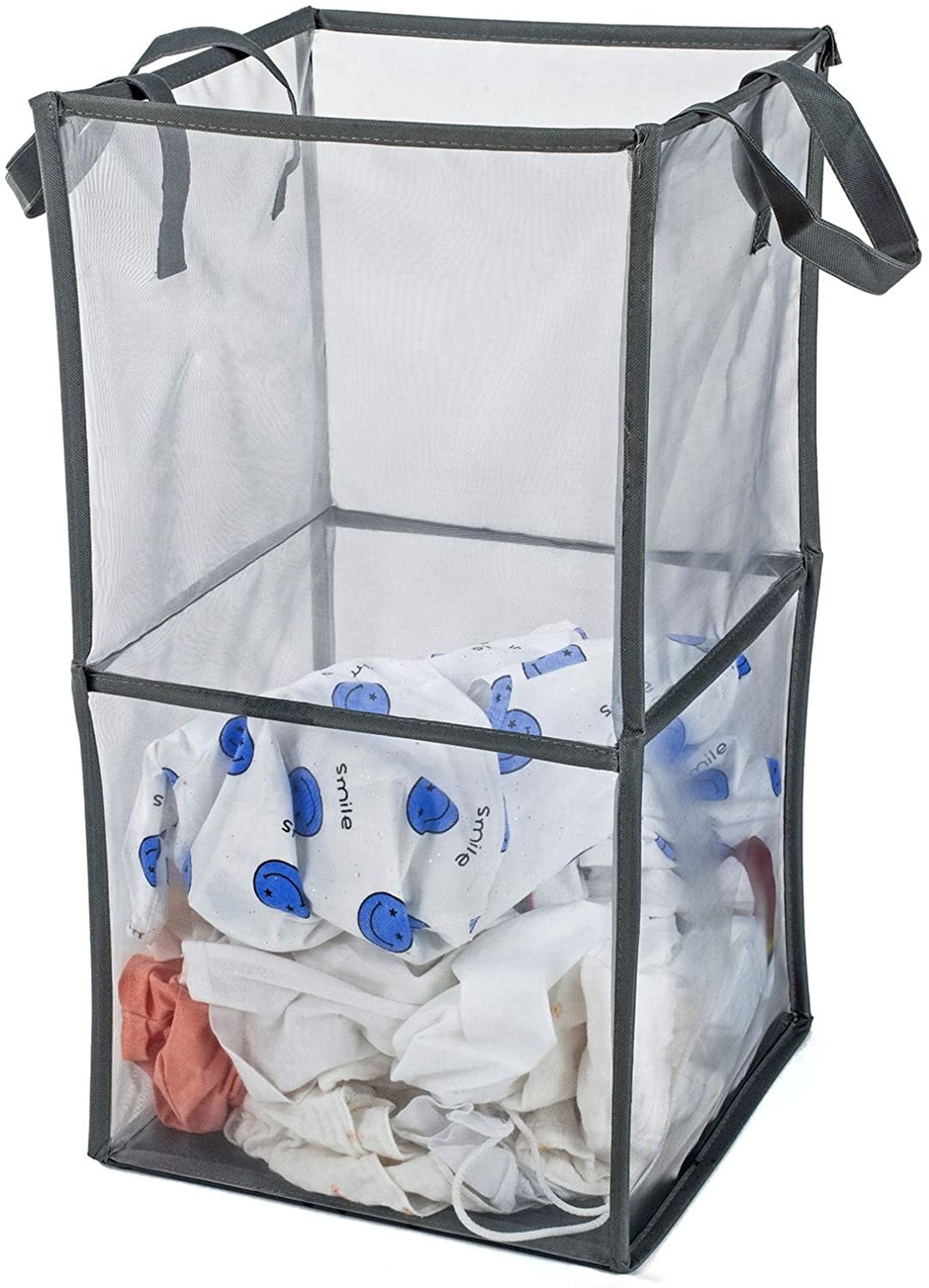 Gray mesh collapsible laundry bin product photo, half-full with clothing.