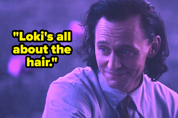 "Loki's all about the hair" written next to Loki smiling in "Loki" Episode 3