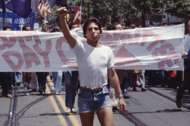 A marcher in jorts at a 1977 Gay Pride March