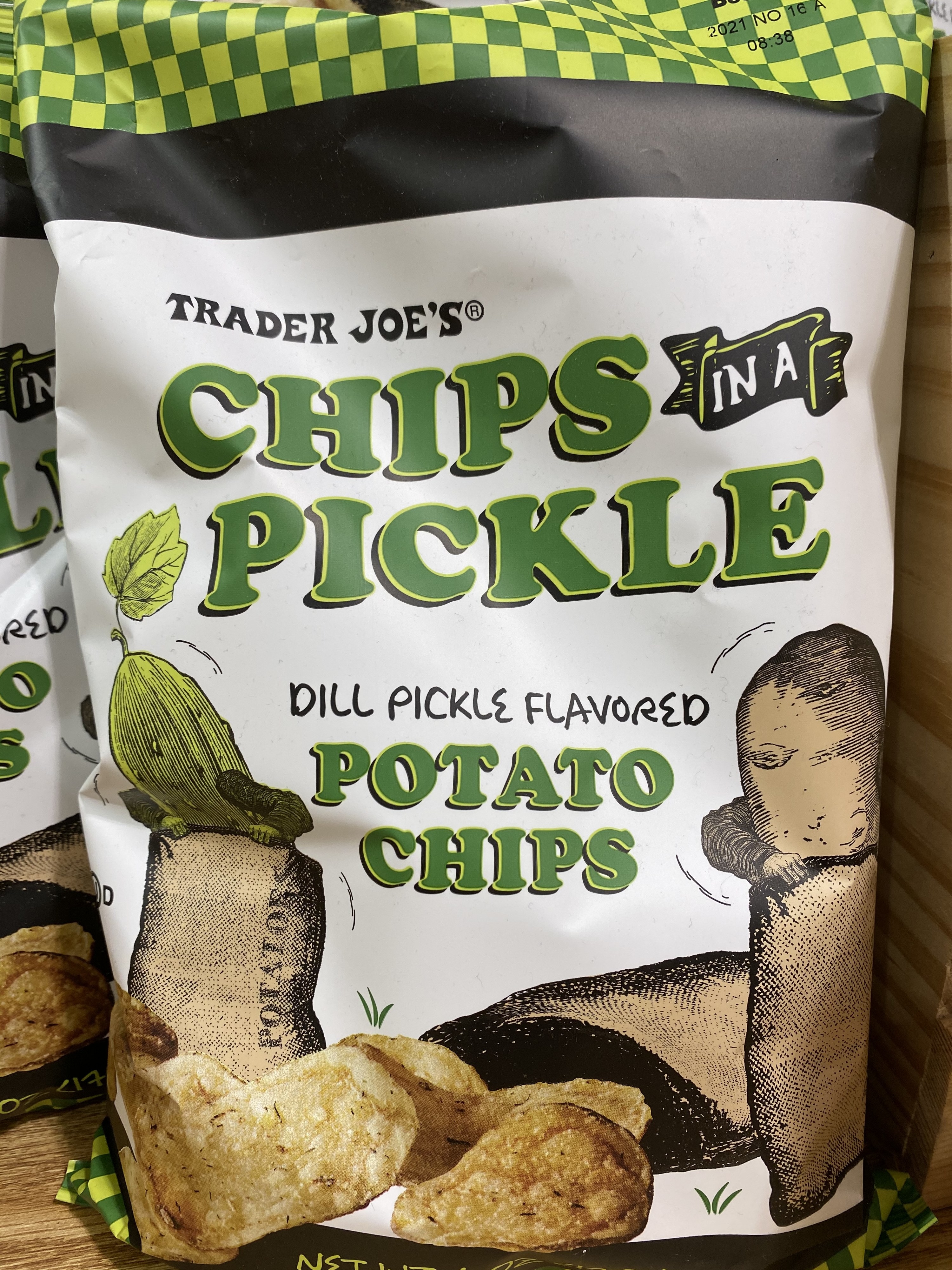 A bag of dill pickle flavored chips.