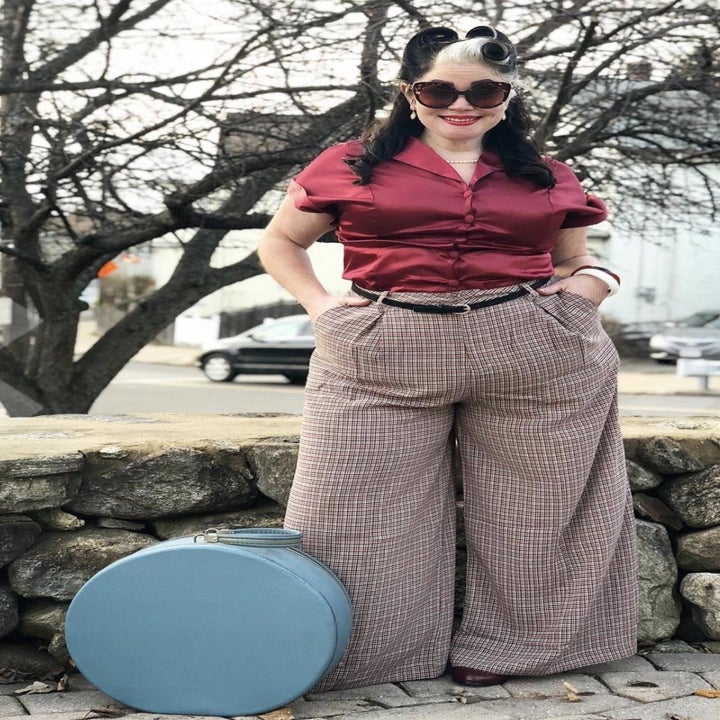 a different reviewer wearing the palazzo pants