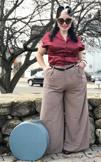 a different reviewer wearing the palazzo pants