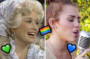 dolly parton smiles next to miley cyrus singing