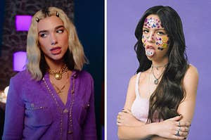 On the left, Dua Lipa in the "Break My Heart" music video, and on the right, Olivia Rodrigo with stickers all over her face on the "Sour" album cover