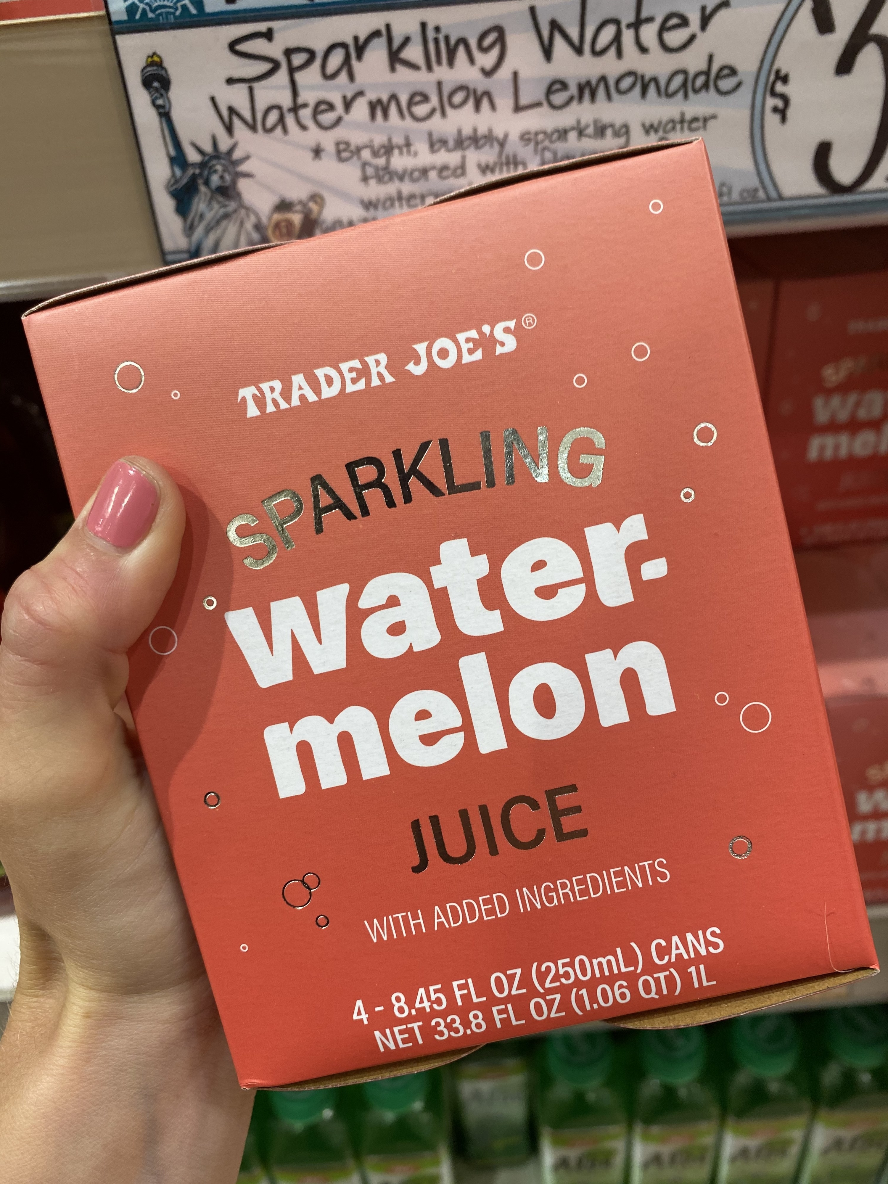 A box of Trader Joe&#x27;s sparkling watermelon juice.