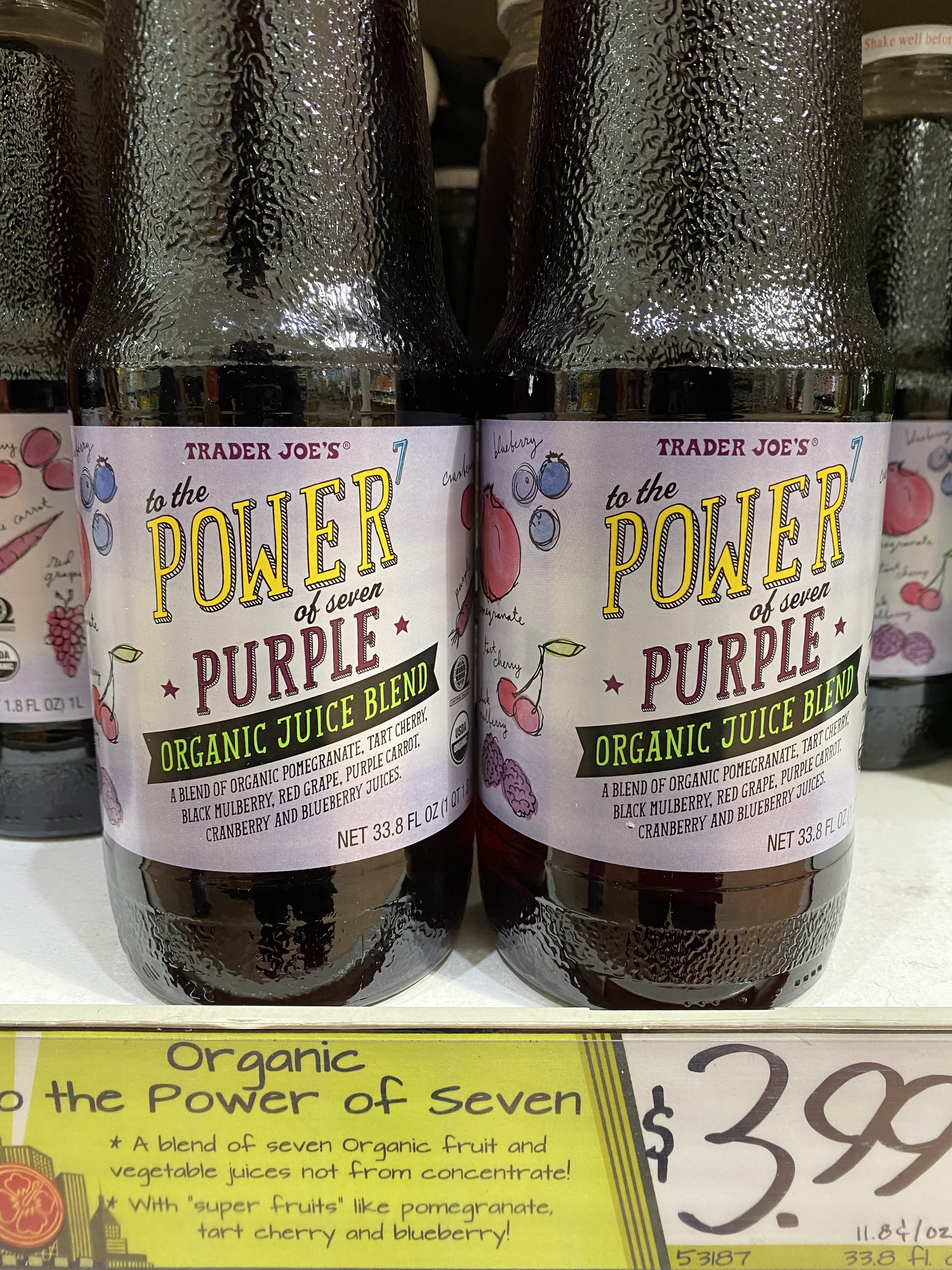 Bottles of Trader Joe&#x27;s To The Power of Seven Purple Organic Juice Blend