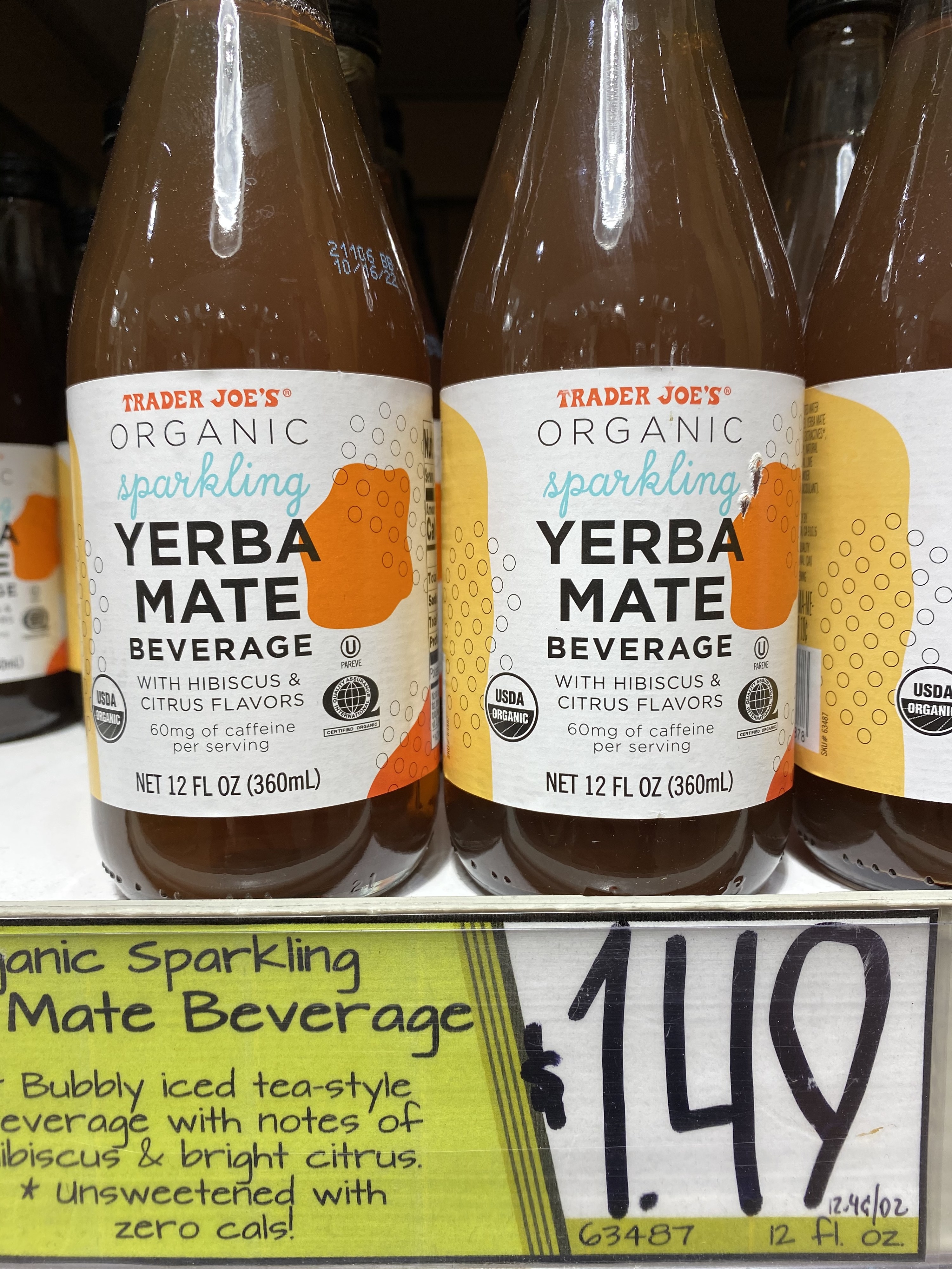 Bottles of Trader Joe&#x27;s sparkling yerba mate.