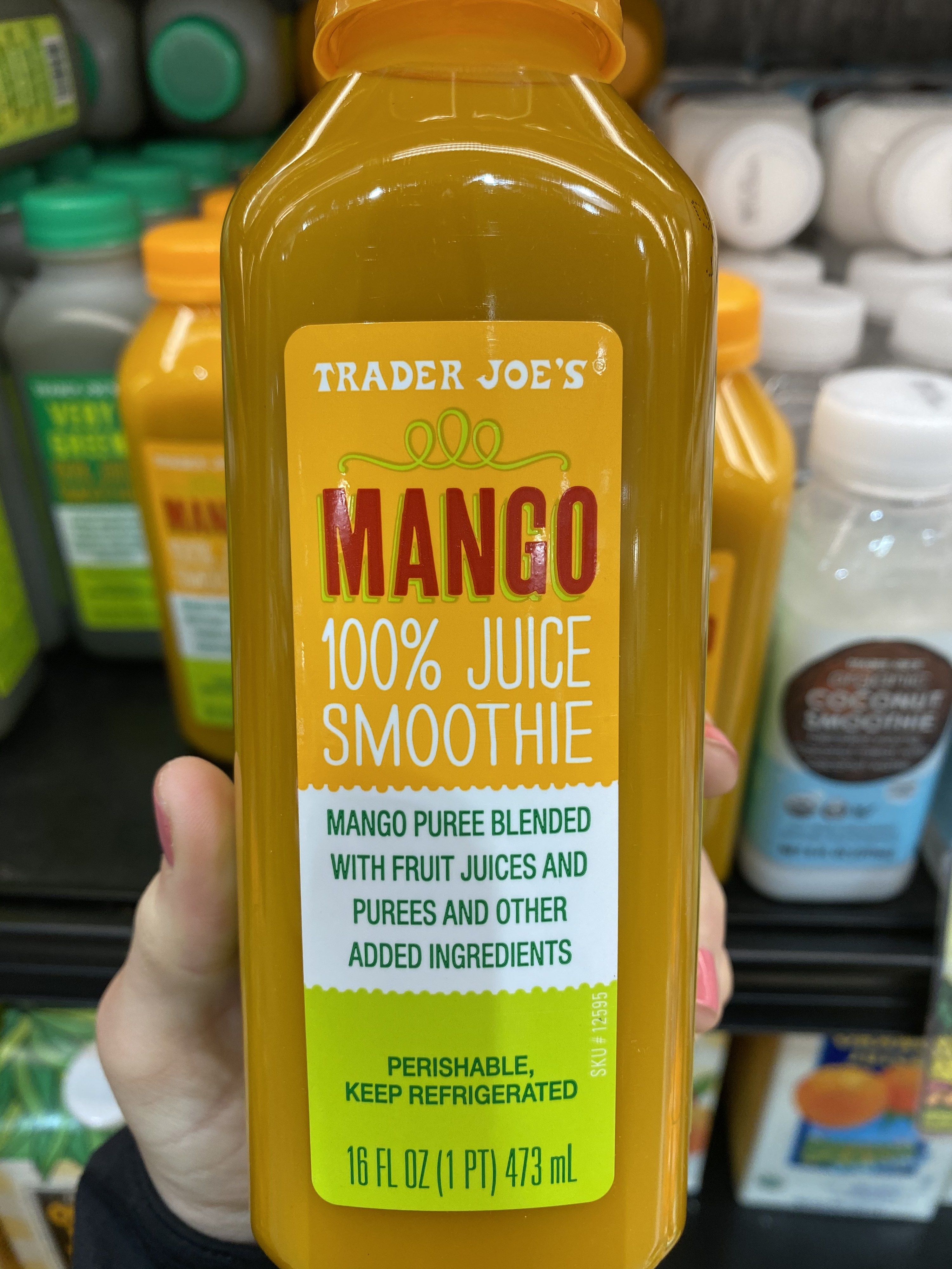 A bottle of Trader Joe&#x27;s mango smoothie.