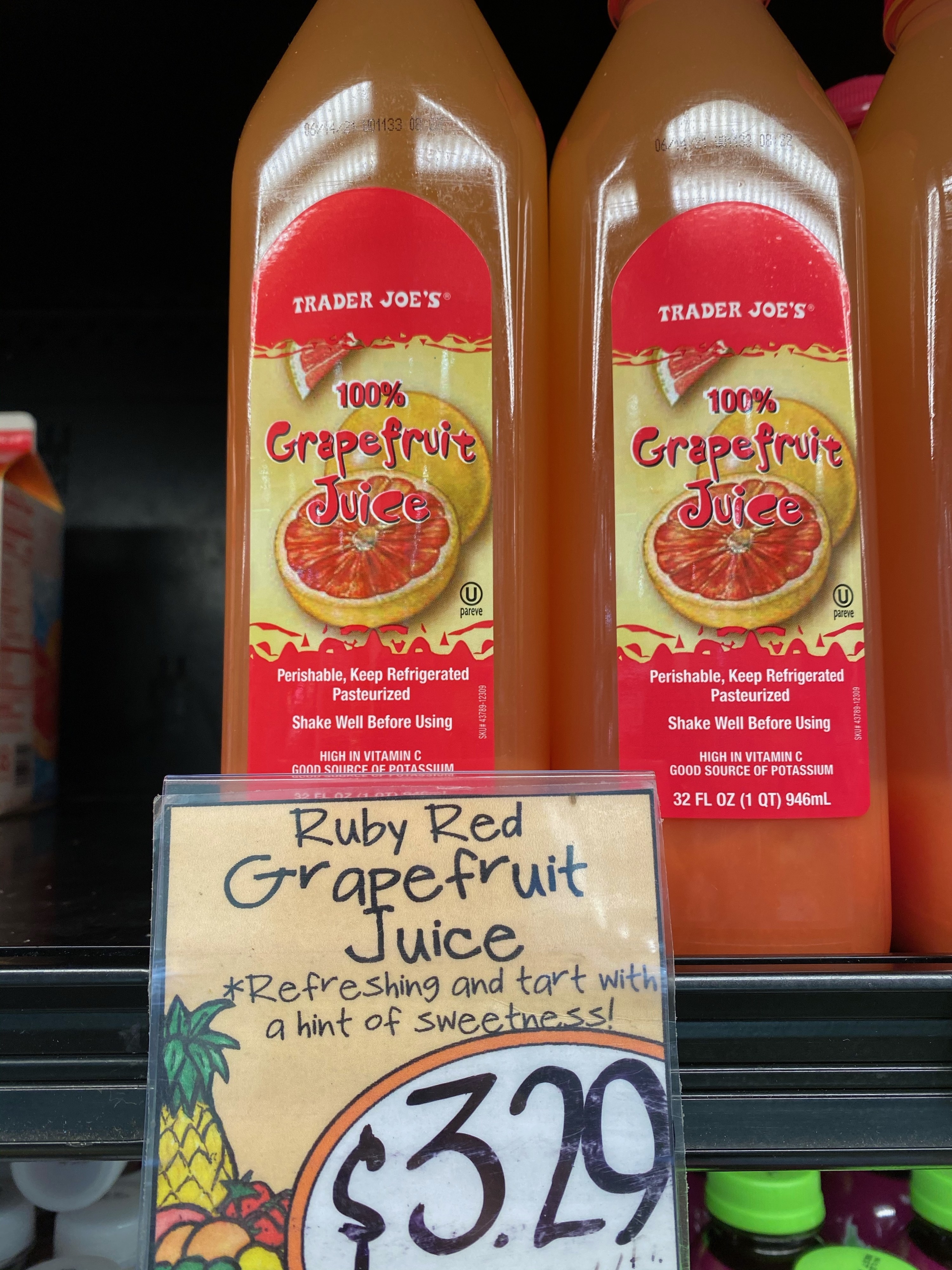 Bottles of Trader Joe&#x27;s 100% Grapefruit Juice
