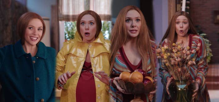 Wanda wears a blue wool coat, Wanda wears a yellow rubber rain jacket, Wanda hides her pregnant stomach with a bowl overflowing with fruit, and Wanda hides her pregnant stomach with a vase of flowers.