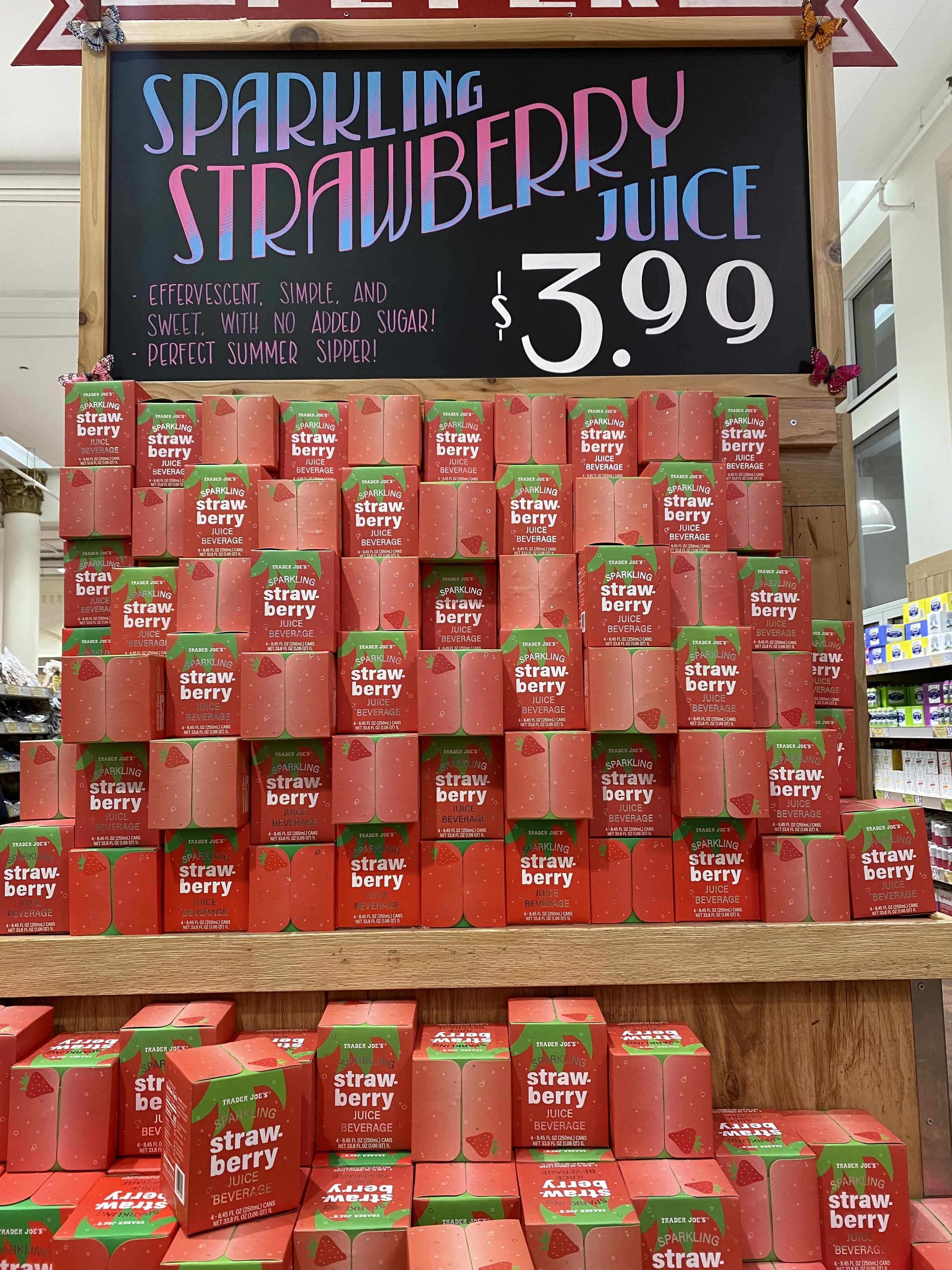 Boxes of Trader Joe&#x27;s sparkling strawberry juice. 