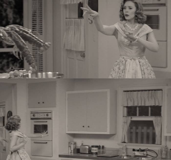 Wanda Maximoff, tinted in black and white, uses her magic to hover two lobsters over a pot of boiling water before accidentally tossing them out of an open window.