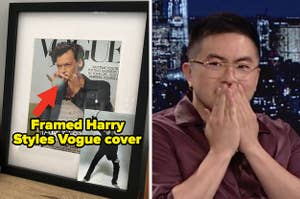 Harry Styles's Vogue cover framed on a desk; Bowen Yang on a talk show putting his hands to his mouth coyly 