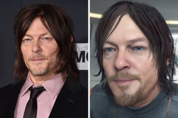 Norman Reedus posing for a photo, Sam in Death Stranding posing for a photo